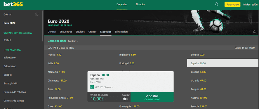 ganador y colocado ejemplo bet365