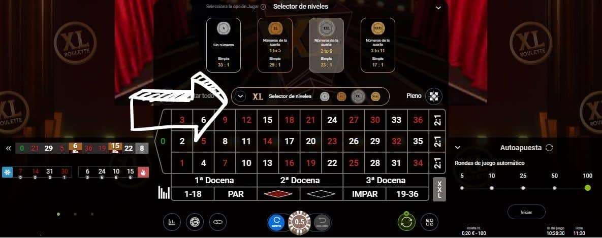 selector de modos de juego en la ruleta xl