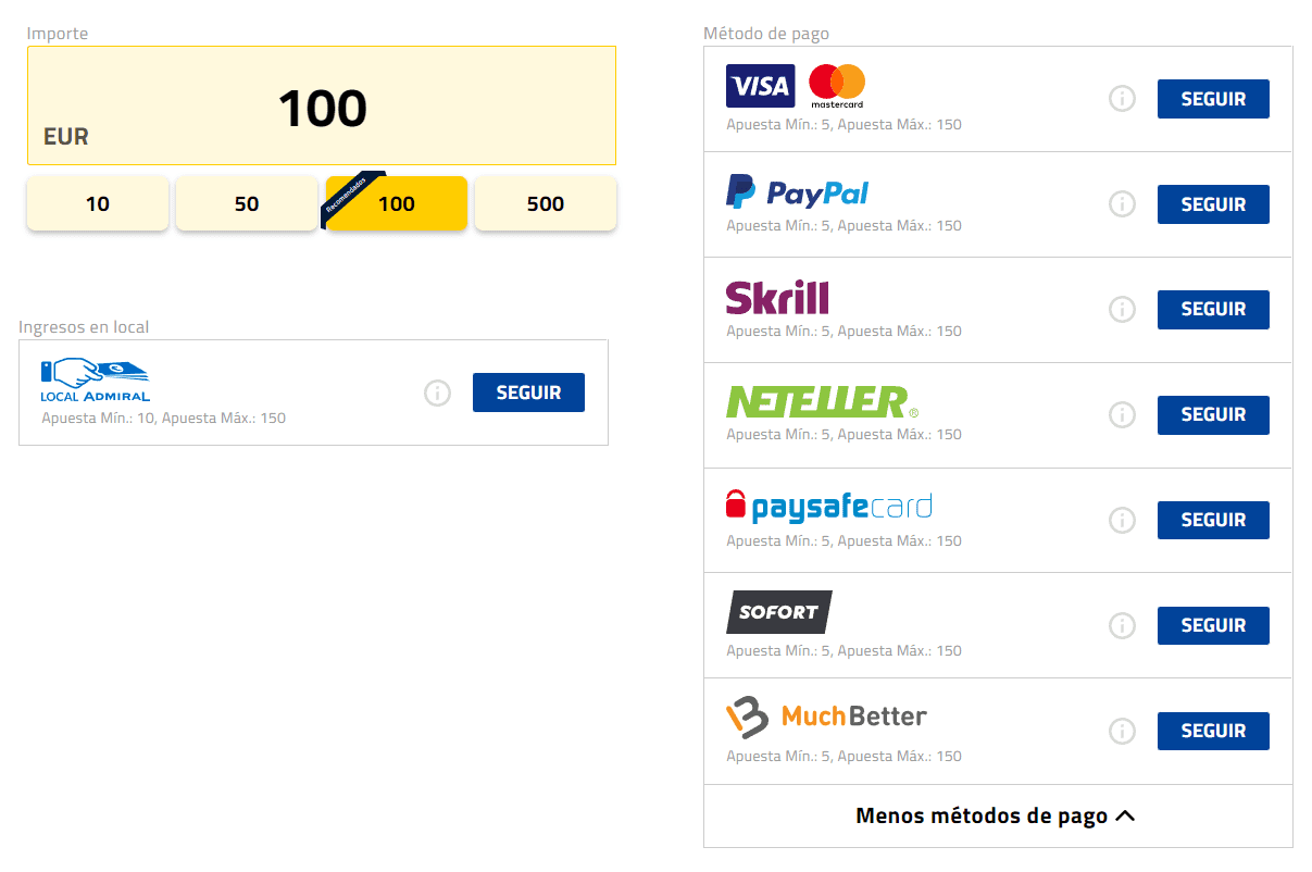 metodos de pago e ingreso admiralbet