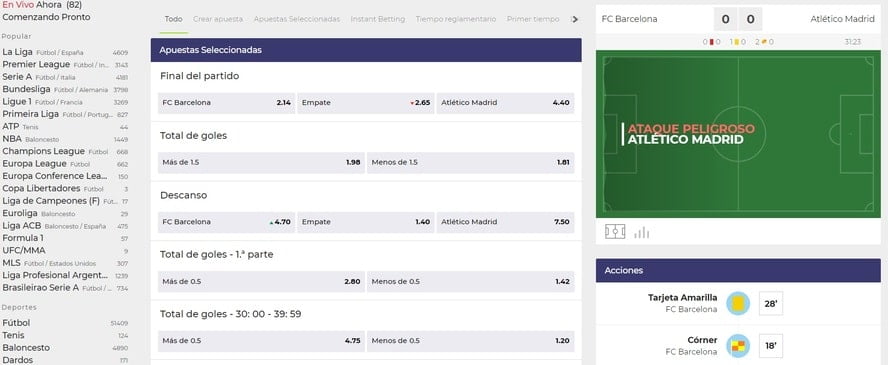 panel de apuestas en directo YoSports
